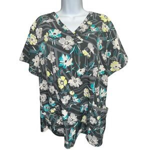 Elle XL Scrub Top Gray Blue Green Floral Art V-Neck Pockets Scrubs Medical Wear